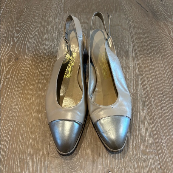 Salvatore Ferragamo Shoes - Salvatore Ferragamo Taupe Leather Slingback Mules with Silver Cap Toe 038